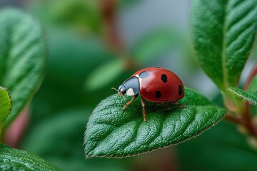 Poster - Close-up of a vibrant red ladybug with black spots resting on a lush green leaf in a natural garden setting with soft background