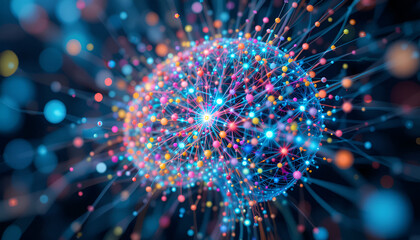 Fototapete - Glowing network of interconnected spheres and lines create a vibrant abstract representation of neural connections or technology