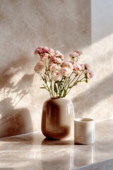 Poster - Elegant pink and white flowers in a modern brown ceramic vase on polished marble surface with natural sunlight and shadow accents