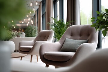 Poster - Modern Bright Living Room with Large Natural Light Potted Plants Comfortable Armchairs Cozy Home Interior Design Scene