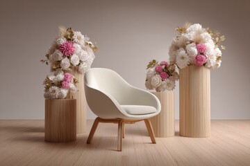 Aufkleber - Elegant modern beige armchair with wooden legs surrounded by tall cylindrical vases filled with colorful exotic flower arrangements on a minimalist studio background