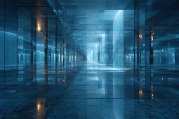 Poster - Futuristic modern architectural indoor corridor with reflective surfaces illuminated by blue neon lighting creating a sleek and high-tech atmosphere