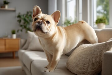 Aufkleber - Adorable French Bulldog standing on a cozy sofa in a modern living room with large and indoor plants, natural daylight