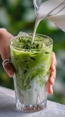 Poster - Refreshing green matcha latte with milk being poured into tall glass with ice cubes and swirling cream on a sunny day outdoors