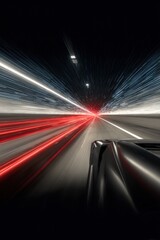 Poster - Long Exposure Night Drive on Highways with Fast Moving Car and Light Trails Creating Dynamic Motion Blur Effect