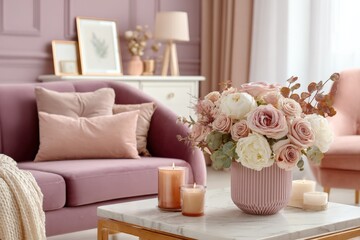 Poster - Elegant living room decor with pink and beige floral arrangement in a vase on marble coffee table, cozy cushions, and soft lighting