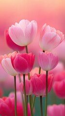 Poster - Vibrant pink and white tulips in a garden with soft pastel blurred background, close-up floral bouquet, sptime nature scene