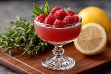 Poster - Fresh Raspberries in a Glass Bowl with Lemon and Green Herbs on Wooden Cutting Board for Healthy Snack or Dessert Presentation