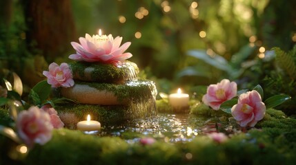 Poster - Serene garden scene with pink lotus flowers surrounding a flowing stone fountain illuminated by candles du twilight with lush greenery