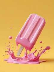 Aufkleber - Refreshing pink popsicle melting and splashing on vibrant yellow background with melting ice cream treat in summer vibe