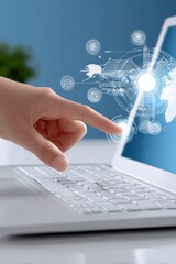 Aufkleber - Modern human hand pressing digital futuristic interface with holographic icons and technology concept on a laptop screen in a bright workspace