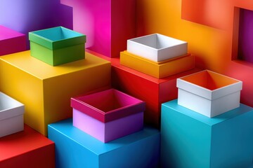 Aufkleber - Colorful geometric storage boxes stacked on vibrant blocks creating a modern abstract background with bright hues and clean lines