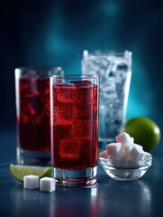 Poster - Refreshing fruit drink with ice sugar cubes and lime in a classic highball glass on dark background perfect for summer beverages and cocktail recipes