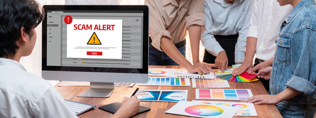 Poster - Cyber security software show alert of cyber attack for protection brisk. Danger from virus, phishing and cyber fraud.