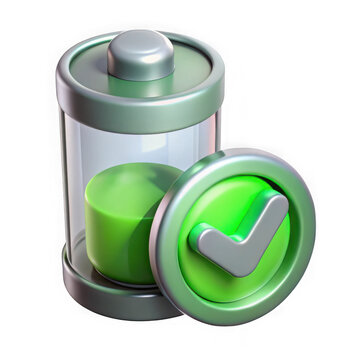 3d rendered battery icon with green charge level and check mark isolated on transparent background