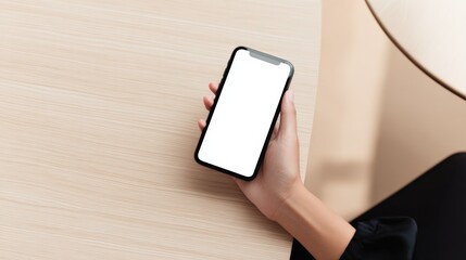 Poster - Woman Holding Smartphone in Hand with Blank Screen while Sitting at Wooden Desk Near a Light-colored Table in a Modern Office Environment