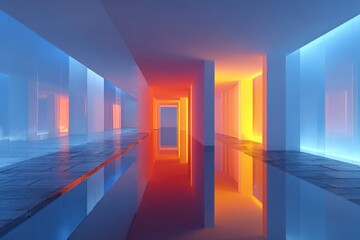 Aufkleber - Futuristic brightly lit hallway with colorful glowing illuminated walls and reflective floor creating a modern abstract architectural scene