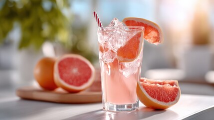 Poster - Refreshing Pink Grapefruit Cocktail with Ice Cubes and Slice Garnish in a Clear Glass on a Bright Table with Whole and Halved Grapefruits in the Background