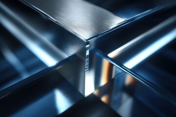 Poster - Close-up of a modern sleek metallic architectural structure with reflective surfaces and geometric edges in cool blue tones