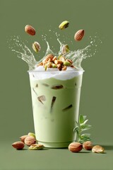 Poster - Refreshing creamy pistachio and almond flavored smoothie or milkshake with nuts and ice cubes in a clear glass on green background