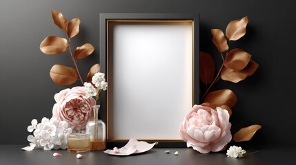 Poster - Elegant minimalist photo frame with autumn leaves and soft pink peonies floral arrangement on dark background for home decor and interior design
