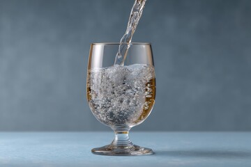 Poster - Clear Glass Goblet with Cold Sparkling Water Being Poured Inside on a Blue Surface and Gray Background in Bright Lighting