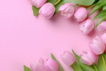 Poster - Beautiful pink tulips with green leaves arranged on a pastel pink background suitable for sptime floral design and nature themes