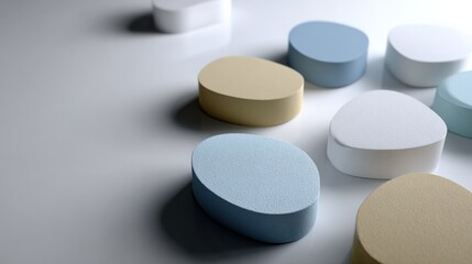 Poster - Assorted colorful oval shape tablets and pills in various sizes and pastel colors scattered on a white surface for health and medication concepts