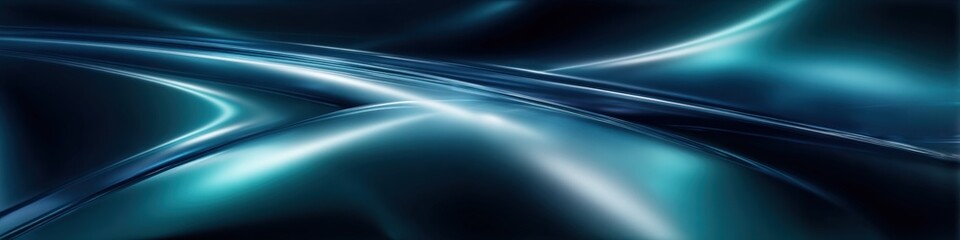 Poster - Abstract flowing metallic waves in neon blue and turquoise with light streaks and reflective surface creating a futuristic digital background