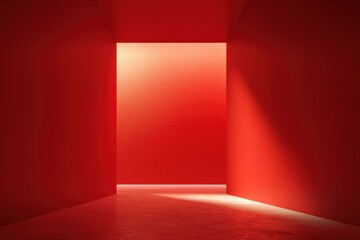 Aufkleber - Vibrant Red Room with Sunlight Streaming Through an Open Doorway Creating Bright Illumination and Deep Shadows in Modern Interior Design