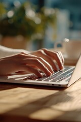 Aufkleber - Close-up of hands typing on a laptop keyboard in a cozy environment with sunlight illuminating the workspace and blurred background