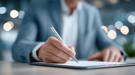 Poster - Business Professional Writing in a Notebook Du a Meeting with Blurred Background Light Effects and Modern Office Environment