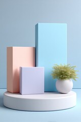 Poster - Minimalist pastel colored geometric display with rectangular and square blocks arranged on a round white platform with a small green plant in a white pot against a soft blue background