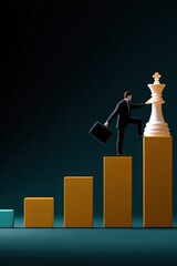 Aufkleber - Businessman climbing golden bar chart with briefcase reaching top position represented by large chess king piece symbolizing strategic success and leadership achievement