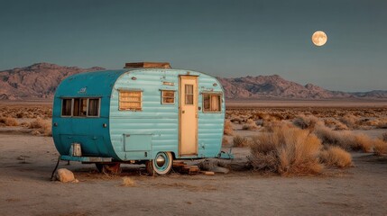 Wall Mural - A turquoise camper sits on a desert plain, surrounded by golden grasses and distant mountains, illuminated by a bright full moon in the twilight sky.