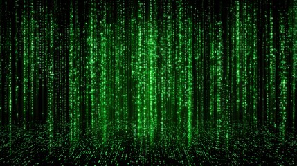 Fototapete - Dynamic streams of green code cascade downward, creating an engaging digital atmosphere. The vibrant colors and patterns evoke a futuristic technology setting, enhancing the visual appeal.