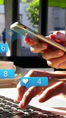 Poster - Animation of social media icons falling over person using laptop
