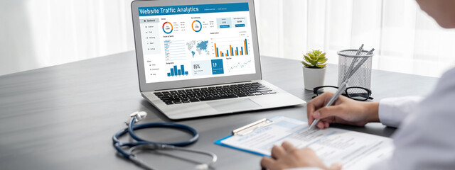 Poster - Computer software for website traffic analytics data on computer screen. Concept of SEO search engine optimization and customer targeting for online business brisk