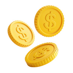 Poster - 3d realistic yellow dollar coins falling isolated on transparent background