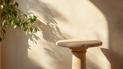 Poster - Beautiful stone pedestal surrounded by natural light and shadows at a tranquil interior space