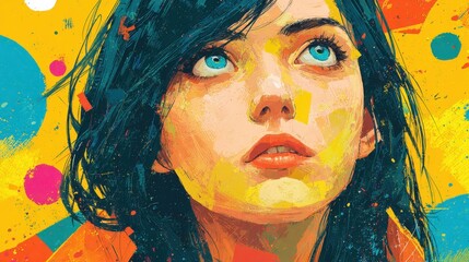 Poster - A young woman with striking blue eyes looks up thoughtfully against a backdrop of bright, abstract colors and shapes. The vibrant hues create an eye-catching atmosphere.