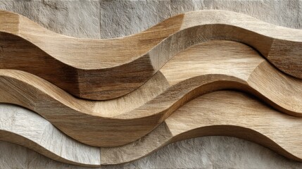 Poster - Intricate wooden wall art features flowing wave patterns that highlight the natural grains and textures of the wood. The design creates a warm, inviting atmosphere in any space.