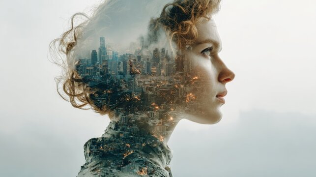 A woman with curly hair features a profile silhouette filled with a bustling urban skyline. The image conveys a deep connection between identity and the surrounding city, evoking contemplation.