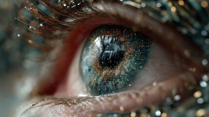 Poster - The image captures the mesmerizing details of a human eye, showcasing vibrant colors and intricate patterns in the iris, illuminated by natural light.