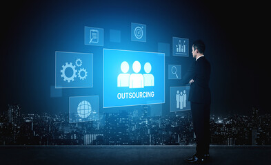 Poster - Outsourcing concept showing collaboration, delegation, global workforce, productivity, and task management through remote teams and external service providers Vouch