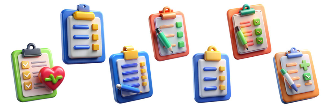 Collection of 3 D rendered clipboards with checklists and medical icons health heart