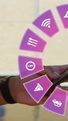 Poster - Animation of travel icons and caucasian man using smartphone in background