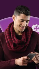 Poster - Animation of travel icons and caucasian man using smartphone on purple background