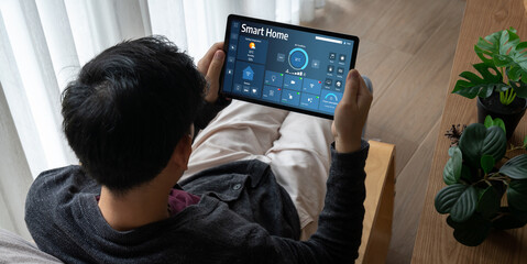 Poster - Smart home technology, centric remote control system with digital dashboard for air conditioning, safety security network or house automation. App software, ui panel programming IOT monitor snugly