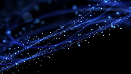 Wall Mural - dynamic flowing blue particles streaking across black background in abstract motion.